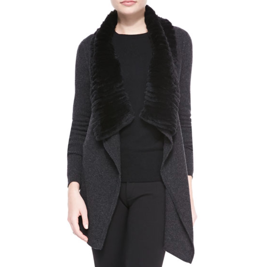 Theory 'Maritza' Genuine Fur-Collar Knit Open-Cardigan Sweater In Black Sz M